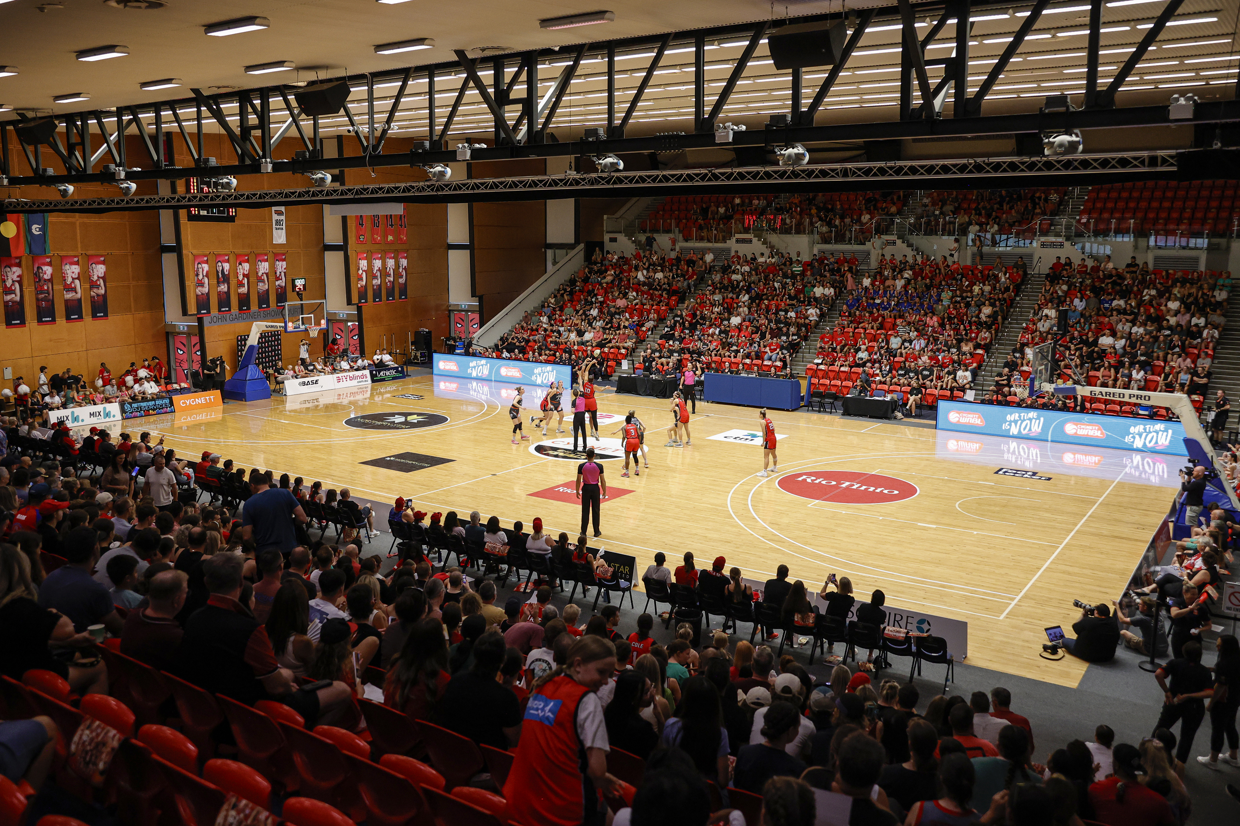 A photo taken from the stands at RAC Arena of a Perth Wildcats basketball game