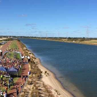 An aerial photo of a triathlon event being set up at the Champion Lakes Regatta Centre in Champion Lakes, Perth
