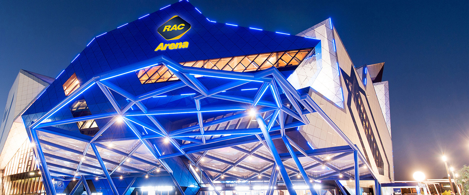 A photo showcasing the unique steel frame out the front of the RAC Arena building in Perth